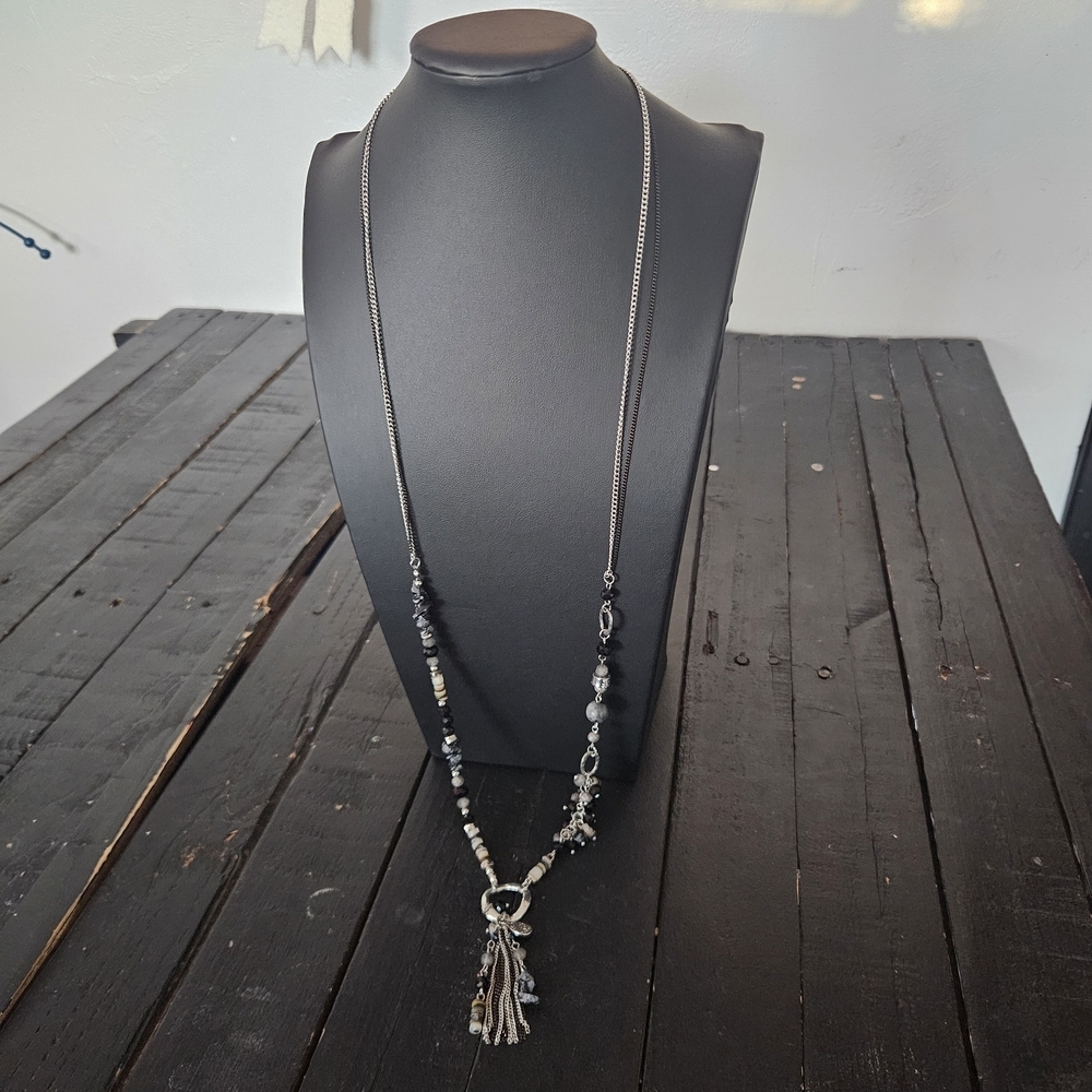 Maurices Long Silver and Black Beaded Tassel Women's Necklace Jewelry